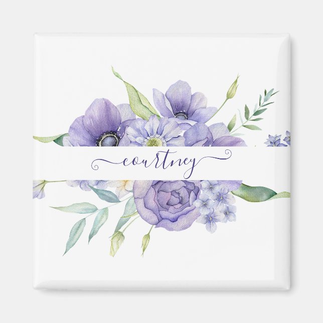 Personligt lila blommotiv i vattenfärg  magnet (Framsidan)