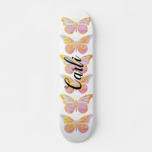 Personligt lila guldgnistrande fjärilar mini skateboard bräda 18,5 cm