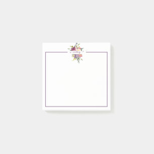 Personligt lila och rött blommotiv med vattenfärg post-it block