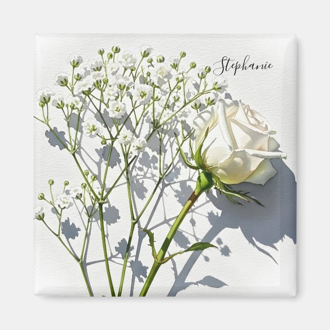 Personligt Magnet med Vit Ros Blommor (Framsidan)