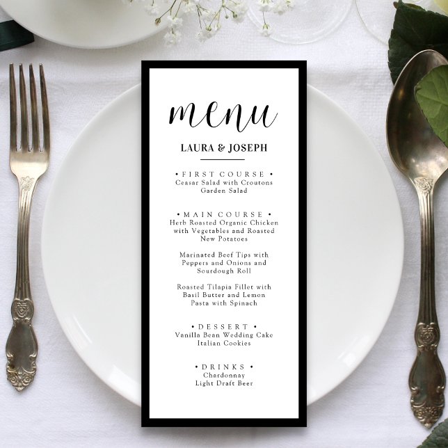 Personligt minimalistiskt menyförslag för bröllops meny (Personalized minimalist dinner menu presents your dishes beautifully while elevating wedding tables)