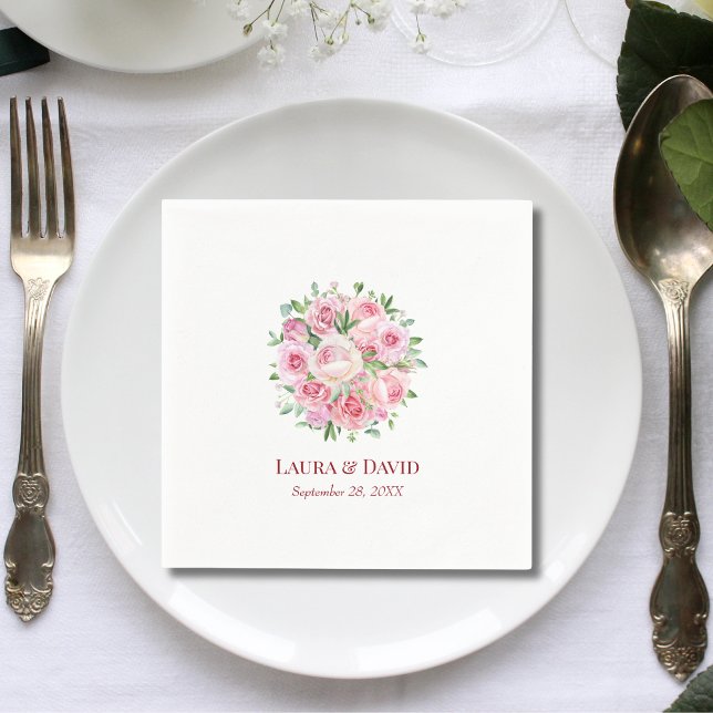 Personligt modern akvarell ros bröllopspapper pappersservett (Personalized watercolor rose napkins add soft modern romance to wedding tables.)