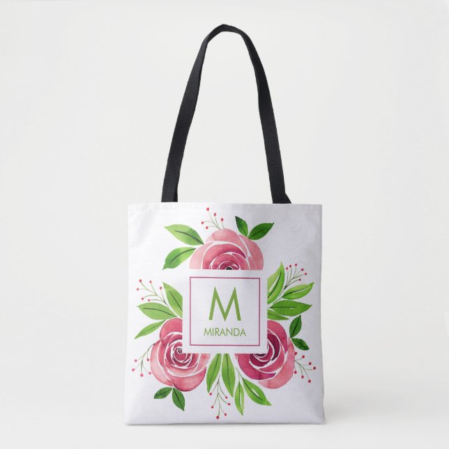 Personligt monogram med rosa vattenfärgblommor tygkasse (Framsida)