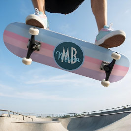 Personligt monogram pastellrosa och blå rand mini skateboard bräda 18,5 cm