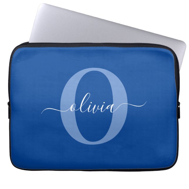 Personligt monogram skriptnamn Blå vit Laptop Fodral (Framsidan)