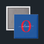 Personligt monogram skriptnamn Blå vit röd Magnet<br><div class="desc">Denna eleganta monogram och stiliga skriptnamnsdesign kan ges som en present för en födelsedag, bröllop, brudshow, årsdag, mors dag eller någon annan tillställning. Den kan anpassas med personens initial och namn. Du kan ändra typsnitt, typsnittsfärg, typsnittsstorlek och bakgrundsfärg med hjälp av Designverktyget. Typsnittsstorleken måste minskas för initialerna J och Q....</div>