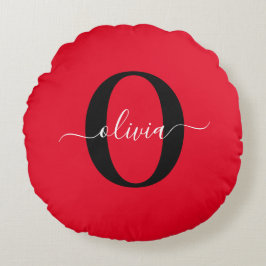Personligt monogram skriptnamn röd svart vit rund kudde