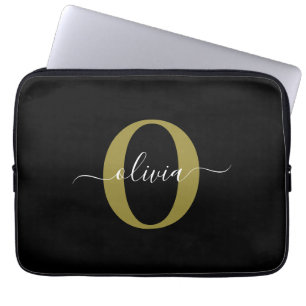Personligt monogram skriptnamn svart vitt guld laptop fodral