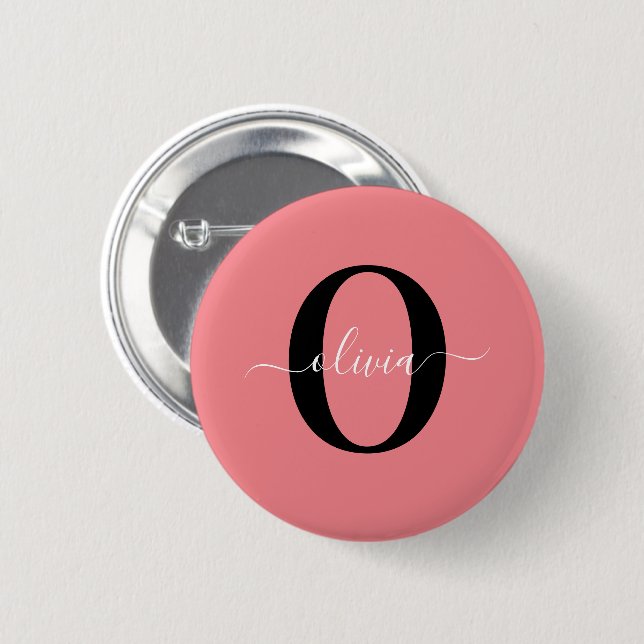 Personligt monogram skriptnamn svart vitt rosa knapp (Framsida & baksida)