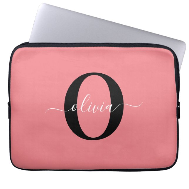 Personligt monogram skriptnamn svart vitt rosa laptop fodral (Framsidan)