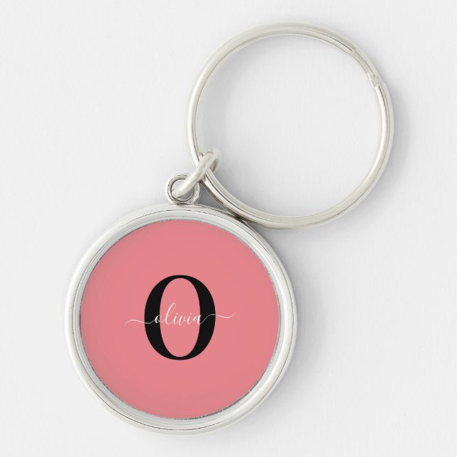 Personligt monogram skriptnamn svart vitt rosa rund silverfärgad nyckelring (Framsidan)