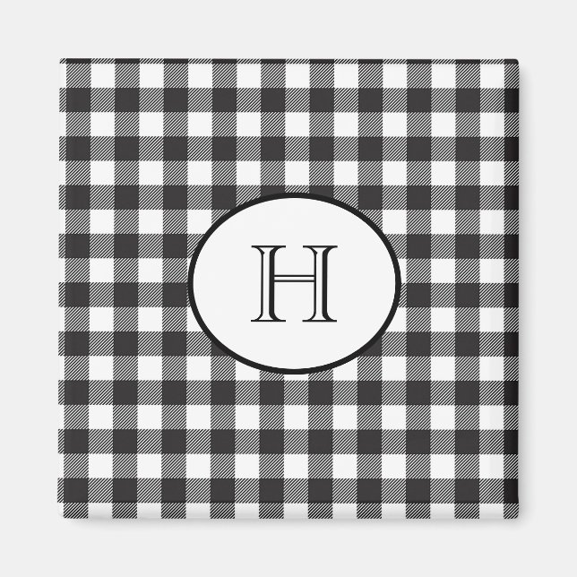 Personligt monogram svart och vitt rutigt magnet (Framsidan)