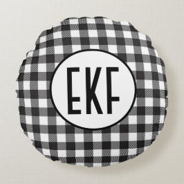 Personligt monogram svart och vitt rutigt rund kudde