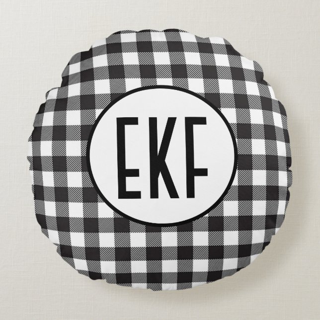 Personligt monogram svart och vitt rutigt rund kudde (Framsidan)