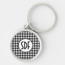 Personligt monogram svart och vitt rutigt rund silverfärgad nyckelring