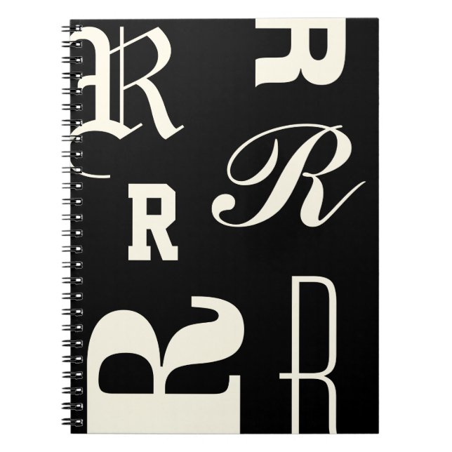 Personligt monogram, typografi initialer, svart anteckningsbok (Framsidan)