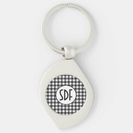Personligt monogrammerad svart-vit rutig swirl silverfärgad nyckelring