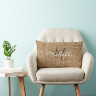 Personligt monogramnamn för modern lantlig burlap lumbarkudde