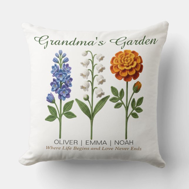 Personligt Mormor Present Virkade Födelseblommor Kudde (Framsida)