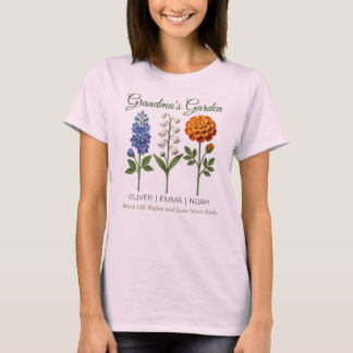Personligt Mormor Present Virkade Födelseblommor T Shirt