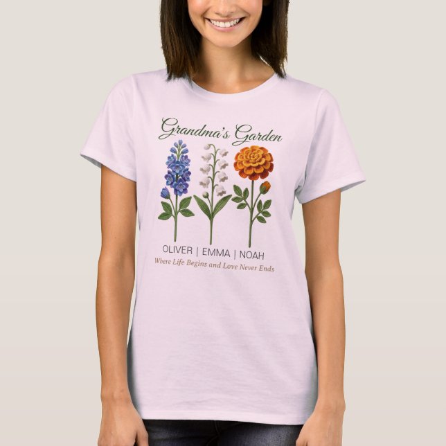 Personligt Mormor Present Virkade Födelseblommor T Shirt (Framsida)