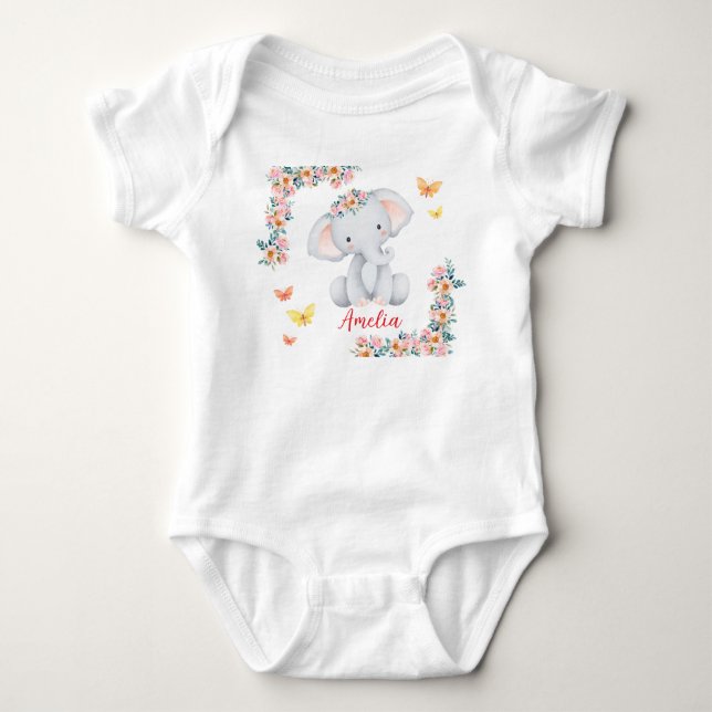 Personligt Namn Baby Bodysuit Blommig Elefant T Shirt (Framsida)