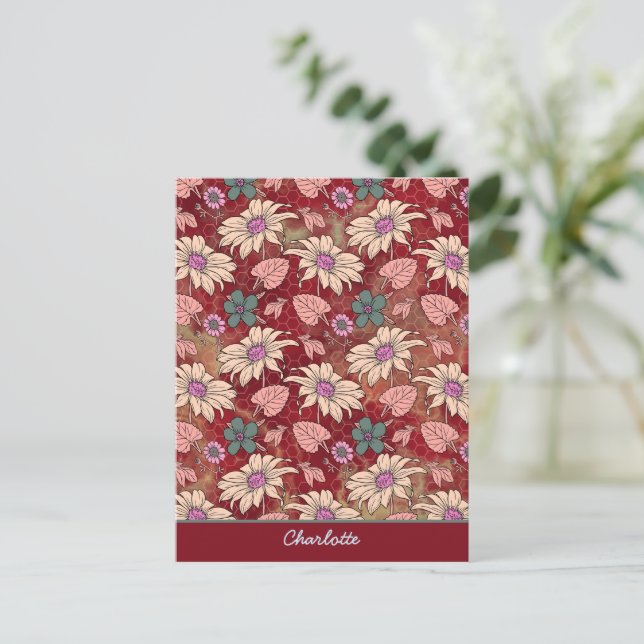 Personligt namn blomster sömlöst mönster rött  vykort (Stående Fram)