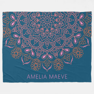 Personligt Namn Boho Mandala Blommig Blå Rosa  Fleecefilt