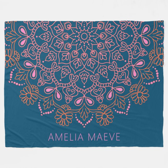 Personligt Namn Boho Mandala Blommig Blå Rosa  Fleecefilt (Framsidan (Horisontell))