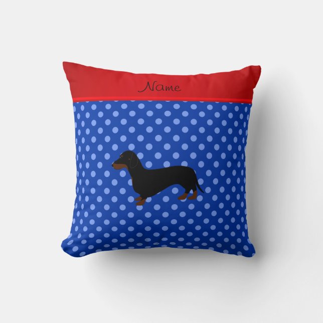 Personligt namn dachshund blå prickar kudde (Framsida)