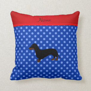 Personligt namn dachshund blå prickar kudde