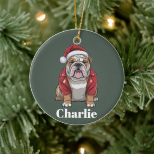 Personligt Namn Engelsk Bulldog Hund Jul Julgransprydnad Keramik