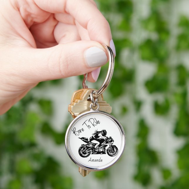 Personligt namn född att cykla rund silverfärgad nyckelring (Hand)