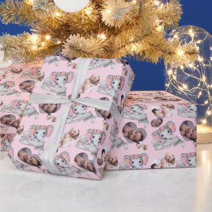 Personligt Namn & Foto Elefant Babyflicka Rosa Presentpapper