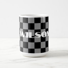 personligt namn grå och svart rutigt kaffemugg