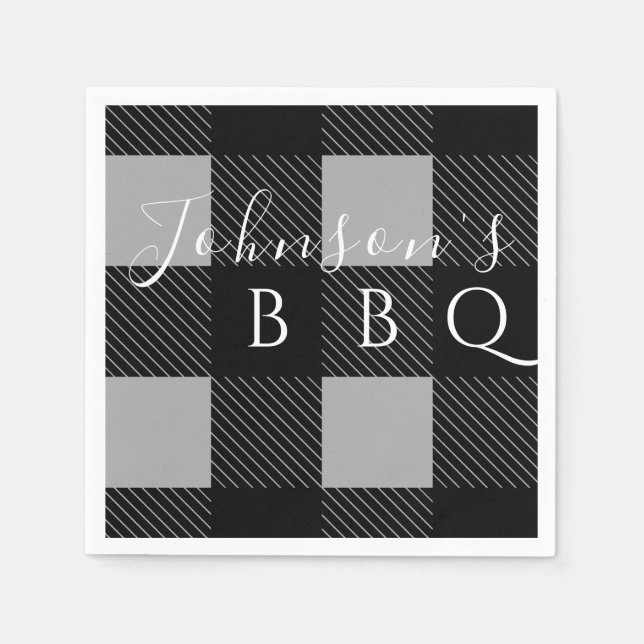 Personligt Namn Grått Black Buffalo Check BBQ Pappersservett (Framsidan)