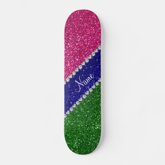 Personligt namn grön het rosa glitter skateboard bräda 20 cm (Framsida)