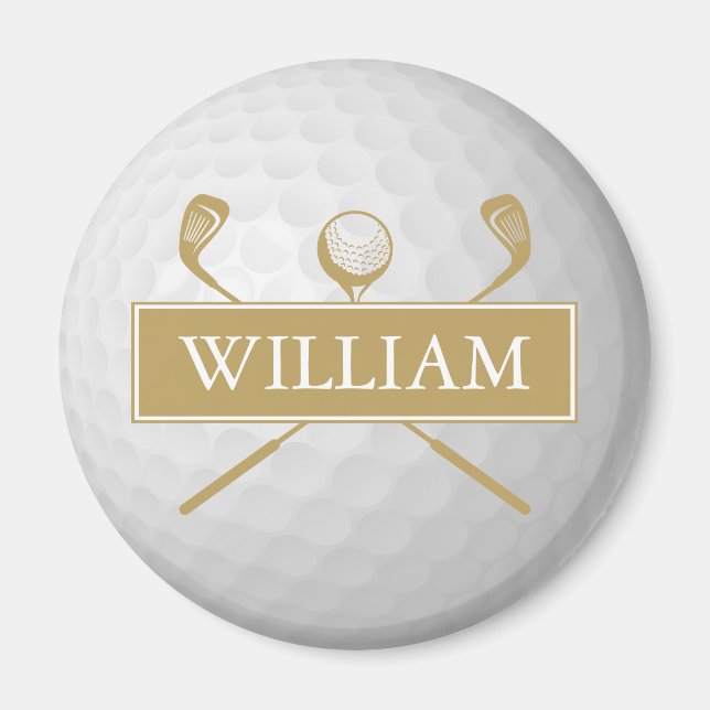 Personligt namn guld och vit golfboll  magnet (Framsidan)
