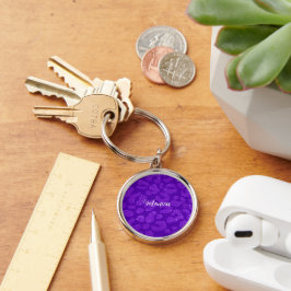 Personligt namn modernt stilrent glitter lila  rund silverfärgad nyckelring