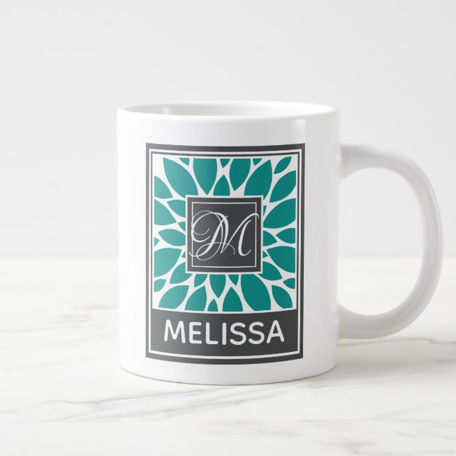 Personligt namn & monogram Blå blomma Jumbo Mugg (Höger)