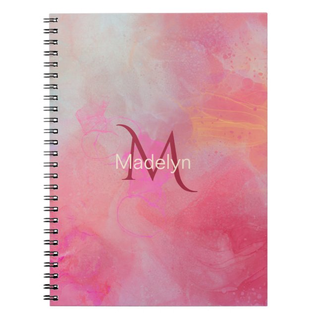 Personligt namn + monogram Rosa vattenfärg bläck Anteckningsbok (Framsidan)