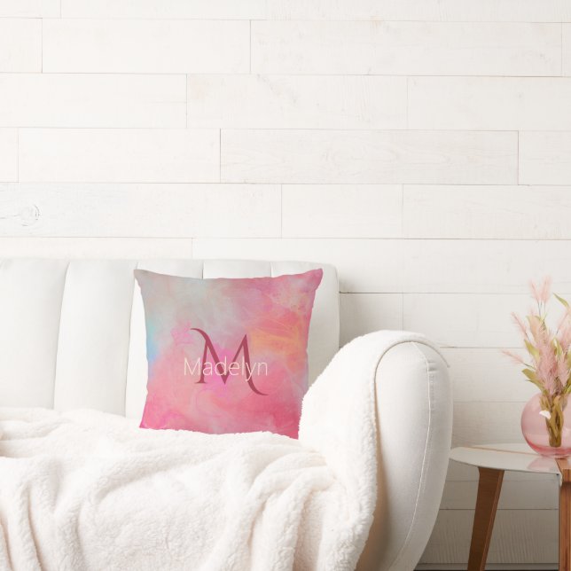 Personligt namn + monogram Rosa vattenfärg bläck Kudde (Soffa)