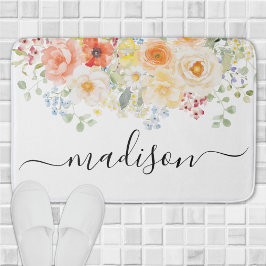 Personligt Namn Monogram Vattenfärg Solig Blommig Badrumsmatta