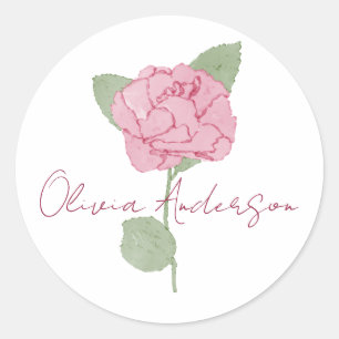 Personligt Namn Rosblomma Akvarell Minimal Runt Klistermärke