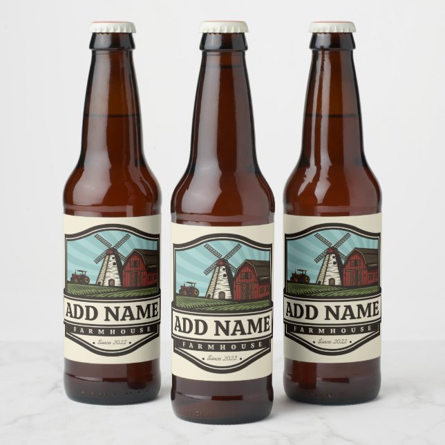 Personligt NAMN Rustik gårdsmiljö gammal väderkvar Ölflaska Etikett (Flaskor)