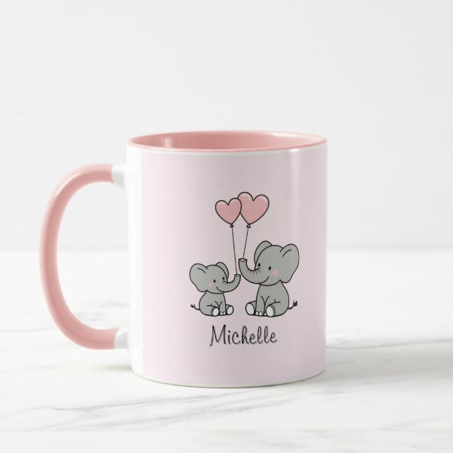 Personligt namn Söt elefantmamma & bebis Rosa    Mugg (Vänster)