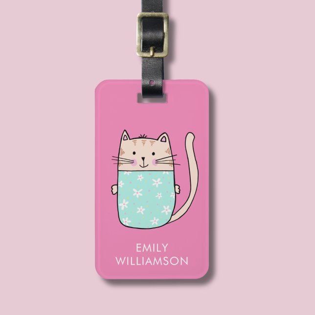 Personligt namn söt katt illustration bagagebricka (Kitty Cat pink personalized luggage tag)