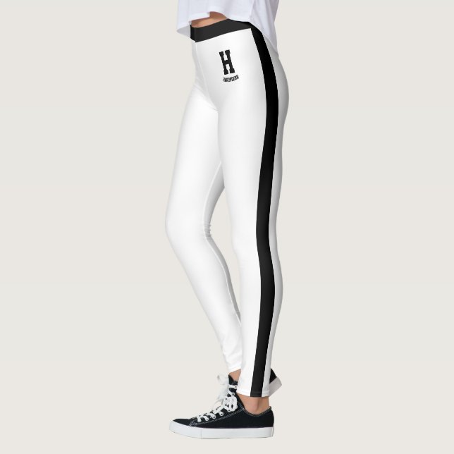 Personligt namn Vit Svart Monogram Ränder Leggings (Vänster)