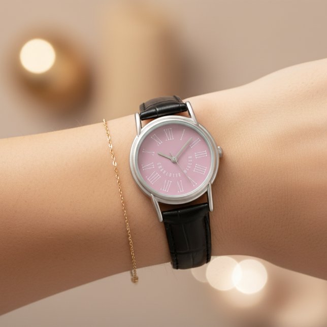 Personligt Namngiven Läderklocka Rosa Present till Armbandsur (Personalized Black Leather Gift – Custom Name Watch Gift for Her, Mom, Daughter or Coworkers)