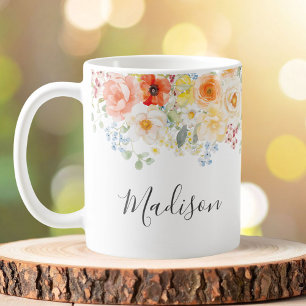 Personligt namnmonogram vattenfärg solig blomma kaffemugg